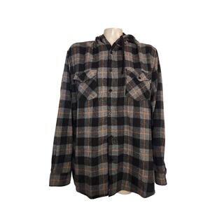 Molokai Surf Co Mens XL Hooded Flannel Shirt Black Grey Orange Plaid Button Down